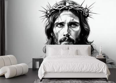 Jesus Christ face portrait in pencil sketch style with radiant light rays close-up detailed black and white new beautiful stock image illustration AI Wall mural