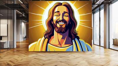 Jesus Christ in cartoon flat design style smiling with rays of light on isolated background new beautiful stock image illustration AI Wall mural