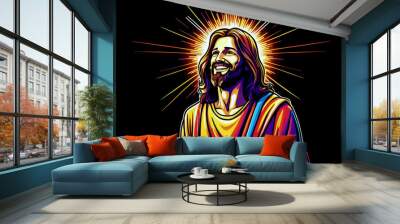 Jesus Christ in cartoon flat design style smiling with rays of light on isolated background new beautiful stock image illustration AI Wall mural