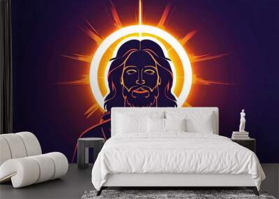 Jesus Christ Silhouette Portrait with Halo on Dark Background, Spiritual Divine Religious new beautiful stock image illustration AI Wall mural