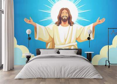 Jesus Christ smiling in a bright sky with rays of light and a halo, flat cartoon style new stock image illustration AI Wall mural