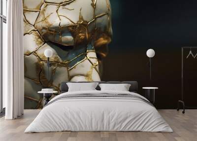 Kintsuki, Japanese ceramic head glued with gold. Concept of not constancy, imperfection of world. AI generated. Wall mural