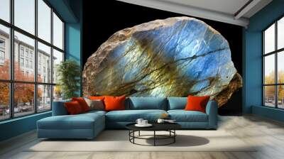 Labradorite is rare precious natural geological stone on gradient background in low key, isolate. AI generated. Wall mural