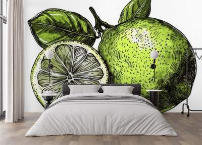 Lime Retro. Engrave Hand Drawn Graphic Illustration in Black and White Wall mural