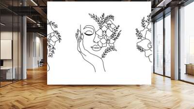 Line art women faces with flowers. Continuous line art in minimalistic style for prints, tattoos, posters, textile, cards etc. Wall mural