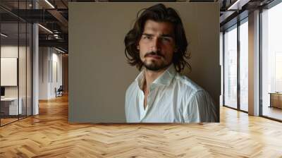 Man With Nice Hair. European Model with Long Hair in White Shirt, Showing Professional Coiffure Wall mural