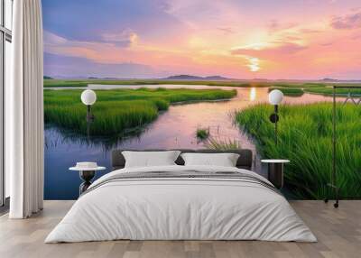 Marsh Plant. Panoramic Landscape with Heron in Sunset at Thalaynoi, Phatthalung, Thailand Wall mural