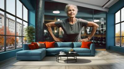 mature elderly woman, pensioner, smiling happily, does lifestyle gymnastics for health in gym. Wall mural