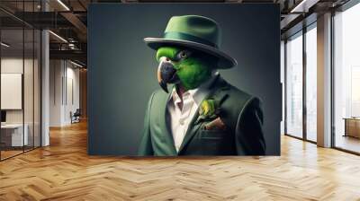 Mr green parrot gentleman in boss hat and scientist. AI generated. Wall mural