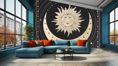 Mystical drawing of sun with face, moon and crescent moon. The device of the universe, crescent moon and sun with moon Wall mural