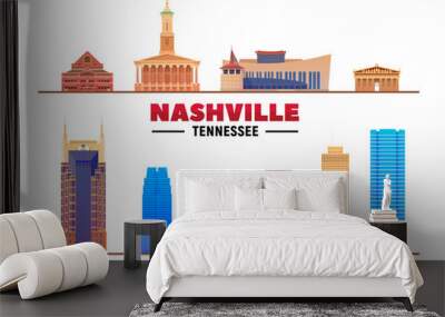 Nashville Tennessee most famous landmarks on white background. Vector Illustration. Business travel and tourism concept with modern buildings. Image for banner or web site. Wall mural