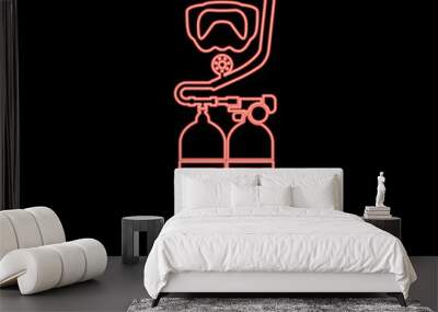 Neon set of skin-diver scuba diver mask snorkel aqualung dive tank cylinders balloon diving gear red color vector illustration image flat style Wall mural