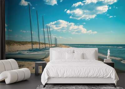 New Jersey Shore Line. Catamarans Resting on the Beach on a Sunny Summer Day Wall mural