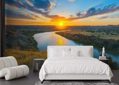 North Dakota Lake. Sunset Landscape at Theodore Roosevelt National Park. River, Sky, Water and Mountain Scenery Wall mural