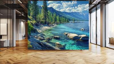 North Lake Tahoe. Stunning Landscape of Blue Water, Mountain Sky and Forest in California Wall mural