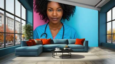 Nurse Job. Young African-American Nurse with Stethoscope in Closeup on Color Background Wall mural