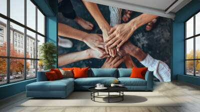 Oneness in the Office: Join Our Team and Achieve Professional Success with Trust and Support from Male and Female Colleagues Putting Hands Together Top View Wall mural