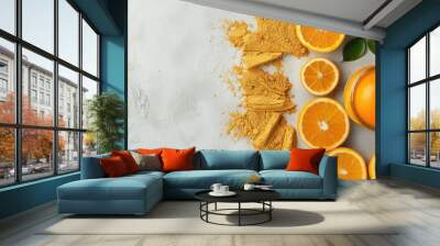 Organic Orange Peel Powder for Natural Skincare. Fresh Slices of Citrous in Light Grey Background Wall mural