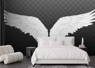 Pair of beautiful white angel wings isolated. Vector concept white cute feathered wing animal on a transparent background Wall mural