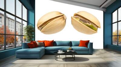 Pair of Fresh Pistachios with Shells Removed on White Background Wall mural