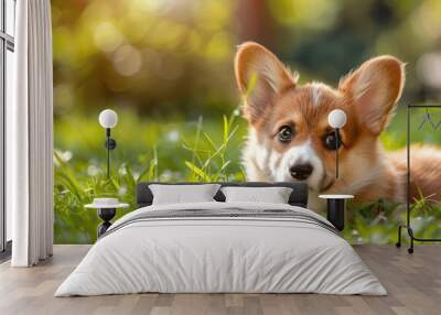 Pembroke Welsh Corgi Puppy Playing in Lush Green Summer Grass Wall mural