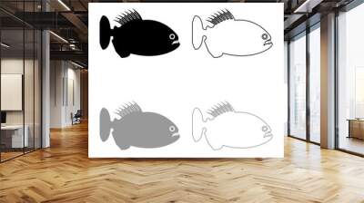 Piranha angry fish icon outline set black grey color vector illustration flat style image Wall mural