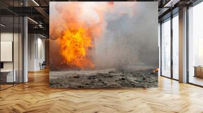 real explosion with fire smoke and dust in the street without people Wall mural