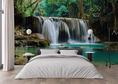 Scenic Landscape of Peaceful Waterfall in Thailand's Lush Rainforest amidst the Mountains Wall mural