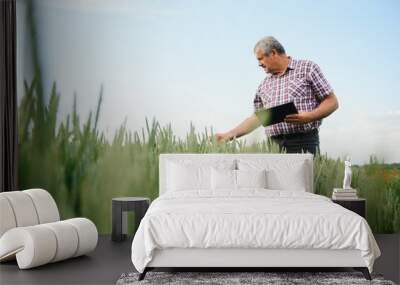 Senior farmer standing in wheat field holding tablet and examining crop during the day. Wall mural