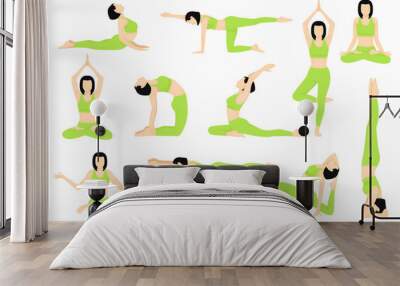 Set of slim sportive young woman doing yoga and fitness exercises. Healthy lifestyle. 21 June international yoga day Wall mural