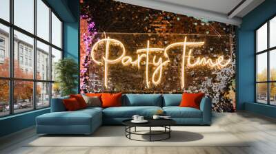 Silver photo booth with decor shiny and led strips with text party time. Zone with sparkling sequins. Glitter festive wall for wedding. A place for congratulations on birthday. Happy New Year 2024. Wall mural