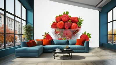 Bowl of delicious juicy strawberries on a white background Wall mural