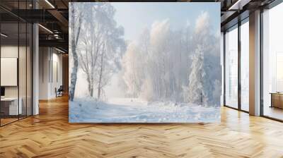 Snow Scenery. Foggy Russian Winter Forest with Snow-Covered Trees Wall mural