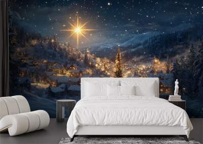 Snowy village with bright star Wall mural