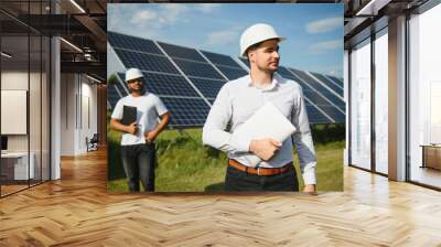 Solar power plant with two engineers walking and examining photovoltaic panels. Concept of alternative energy and its service Wall mural