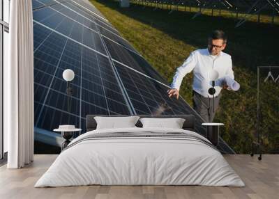 Solar power plant. Man standing near solar panels. Renewable energy Wall mural