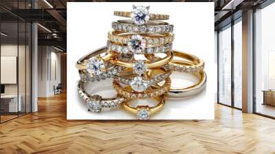 Stacked Rings. Luxurious Diamond Gemstone Engagement Ring Collection on White Background Wall mural