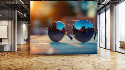 Stylish sunglasses lie on a table under street lighting Wall mural