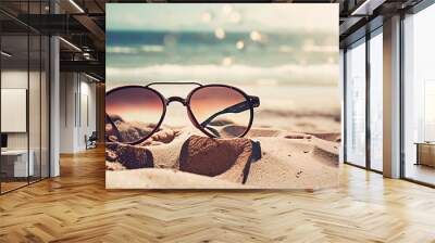 sunglasses on the beach sand seashore travel vacation concept new quality stock image illustration desktop wallpaper design, Generative AI Wall mural