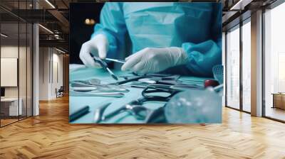 Surgical operation in the clinic by doctors. Medical assistance to patients. AI generated. Wall mural