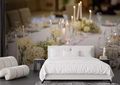 Table setting, serving closeup. Wedding setup detail. Banquet decoration in hall restaurant. Luxury reception. Festive table covered tablecloth, decorated composition flowers and candles in party area Wall mural