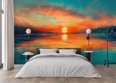 Teal Lake Sunset - Breathtaking Orange Teal Sunset over a Calm Lake, Captured  Wall mural