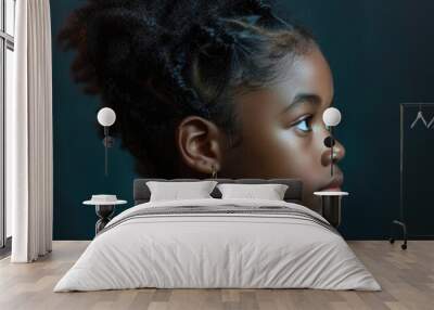 Teen Girl Profile. Side View Portrait of Cute African American Girl on Black Background Wall mural