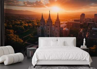 Temple Square Sunset in Salt Lake City. Aerial View of Sacred Mormon Temple Wall mural