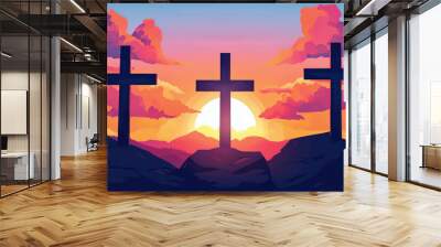 Three empty crosses on Golgotha at sunset in a cartoon style, depicting a dramatic and colorful biblical scene new stock image illustration AI Wall mural