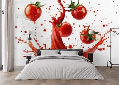 Tomato Soup Splash in Motion. Red Vegetable Soup Splashing Out of Bowl Isolated on White Background Wall mural