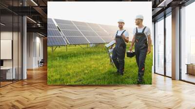 Two male electrician workers walking in between long rows of photovoltaic solar panels and talking about installation of new solar panels. Wall mural