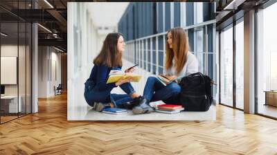 two pretty female students with books sitting on the floor in the university hallway Wall mural