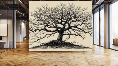 Vintage Hand-Drawn D Tree Engraving: Oak Timber Tree with Tree Branches and Roots in Autumn. Perfect for Family Tree Illustrations Wall mural