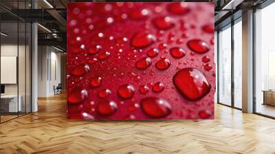 Water Droplets On Red. Macro Texture of Dripped Water on Red Surface Wall mural